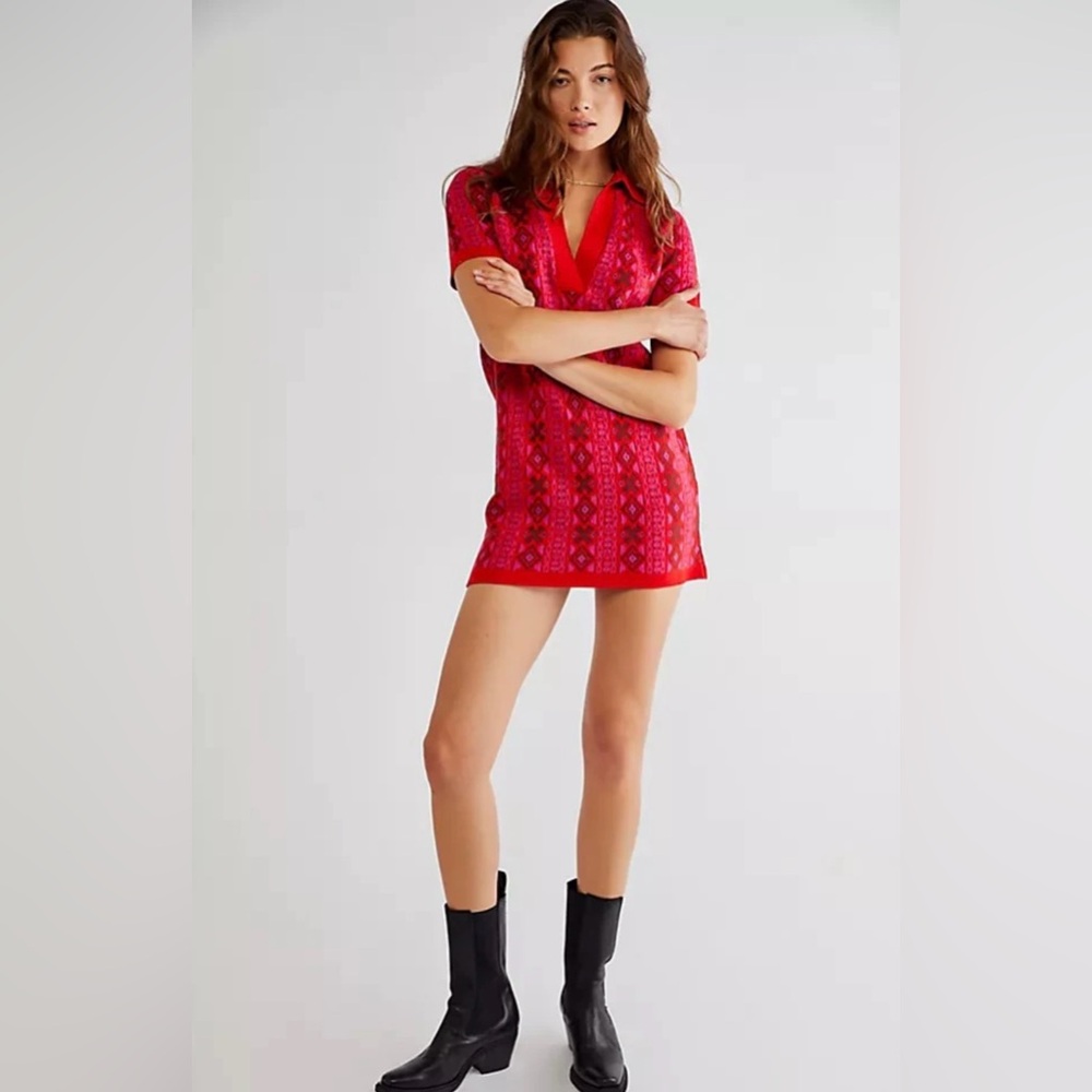 Free People Knit Mini Sweater Dress Aztec Red Collared Wool Blend Medium Boho
